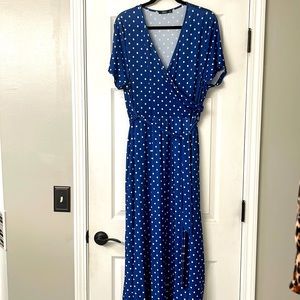 Faux wrap maxi dress in navy & white polka dots with tie belt. Very cute!
